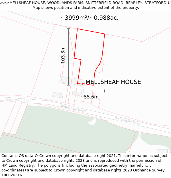 MELLSHEAF HOUSE, WOODLANDS FARM, SNITTERFIELD ROAD, BEARLEY, STRATFORD-UPON-AVON, CV37 0EX: Plot and title map