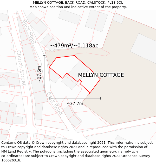 MELLYN COTTAGE, BACK ROAD, CALSTOCK, PL18 9QL: Plot and title map