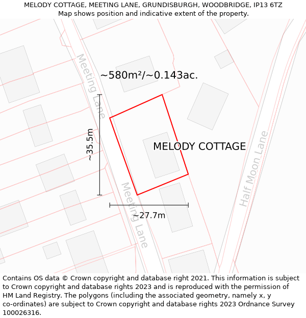 MELODY COTTAGE, MEETING LANE, GRUNDISBURGH, WOODBRIDGE, IP13 6TZ: Plot and title map