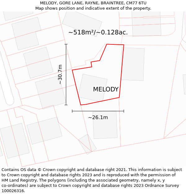 MELODY, GORE LANE, RAYNE, BRAINTREE, CM77 6TU: Plot and title map