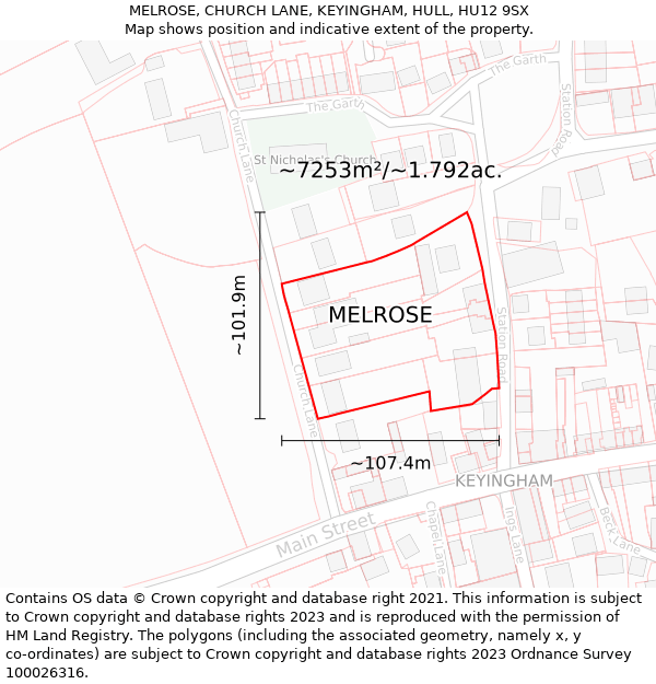 MELROSE, CHURCH LANE, KEYINGHAM, HULL, HU12 9SX: Plot and title map