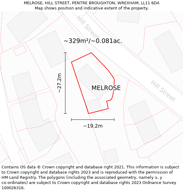 MELROSE, HILL STREET, PENTRE BROUGHTON, WREXHAM, LL11 6DA: Plot and title map