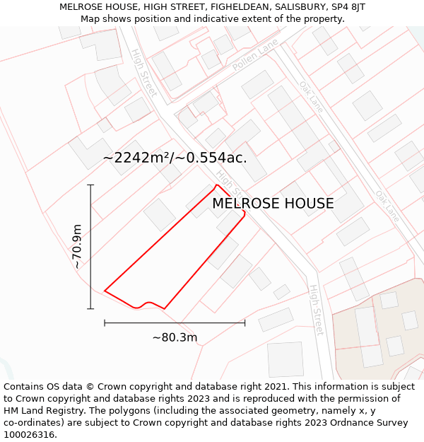 MELROSE HOUSE, HIGH STREET, FIGHELDEAN, SALISBURY, SP4 8JT: Plot and title map