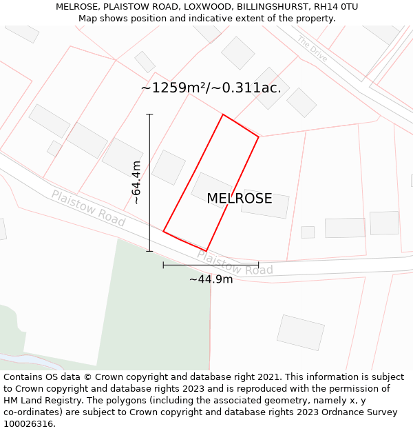 MELROSE, PLAISTOW ROAD, LOXWOOD, BILLINGSHURST, RH14 0TU: Plot and title map