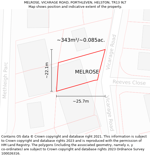 MELROSE, VICARAGE ROAD, PORTHLEVEN, HELSTON, TR13 9LT: Plot and title map