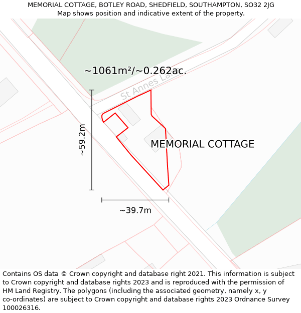 MEMORIAL COTTAGE, BOTLEY ROAD, SHEDFIELD, SOUTHAMPTON, SO32 2JG: Plot and title map