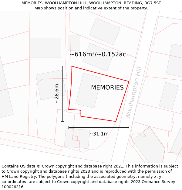 MEMORIES, WOOLHAMPTON HILL, WOOLHAMPTON, READING, RG7 5ST: Plot and title map