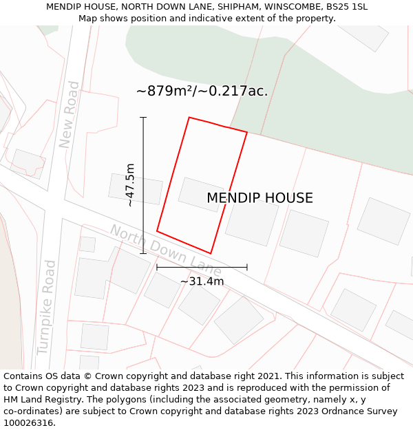 MENDIP HOUSE, NORTH DOWN LANE, SHIPHAM, WINSCOMBE, BS25 1SL: Plot and title map