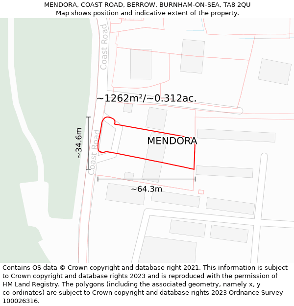 MENDORA, COAST ROAD, BERROW, BURNHAM-ON-SEA, TA8 2QU: Plot and title map