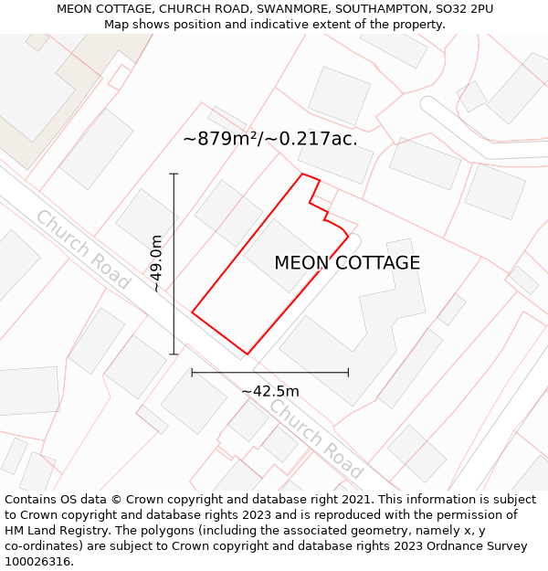 MEON COTTAGE, CHURCH ROAD, SWANMORE, SOUTHAMPTON, SO32 2PU: Plot and title map