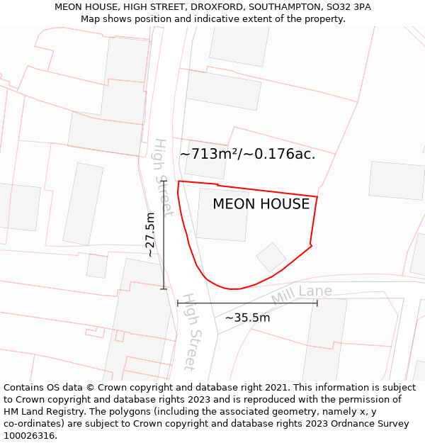 MEON HOUSE, HIGH STREET, DROXFORD, SOUTHAMPTON, SO32 3PA: Plot and title map