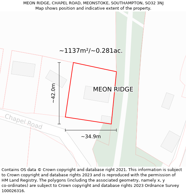 MEON RIDGE, CHAPEL ROAD, MEONSTOKE, SOUTHAMPTON, SO32 3NJ: Plot and title map