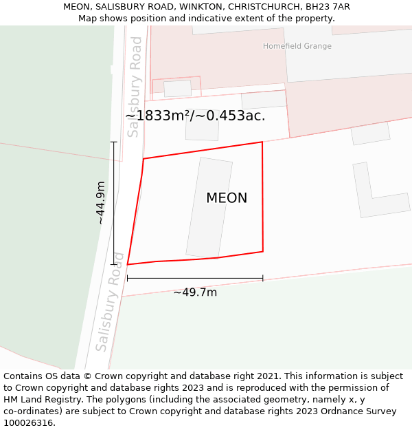 MEON, SALISBURY ROAD, WINKTON, CHRISTCHURCH, BH23 7AR: Plot and title map