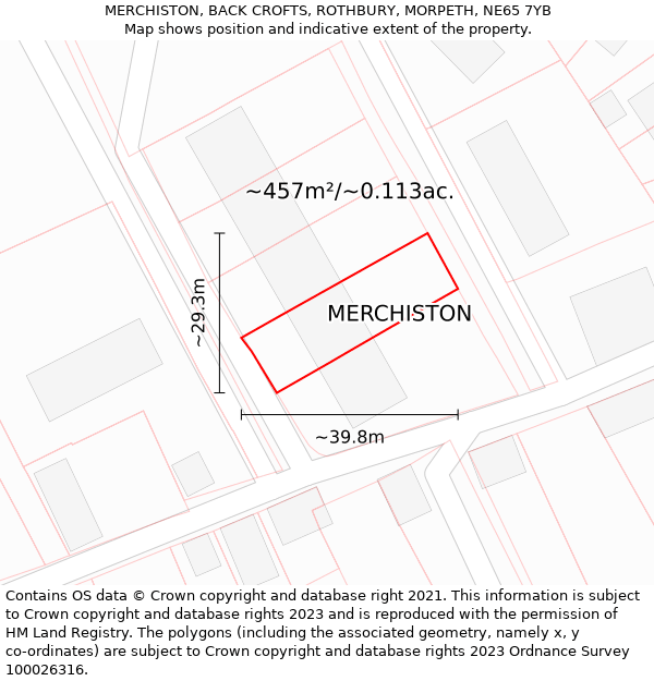 MERCHISTON, BACK CROFTS, ROTHBURY, MORPETH, NE65 7YB: Plot and title map