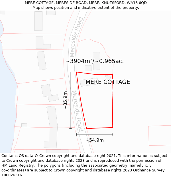 MERE COTTAGE, MERESIDE ROAD, MERE, KNUTSFORD, WA16 6QD: Plot and title map