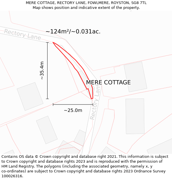 MERE COTTAGE, RECTORY LANE, FOWLMERE, ROYSTON, SG8 7TL: Plot and title map