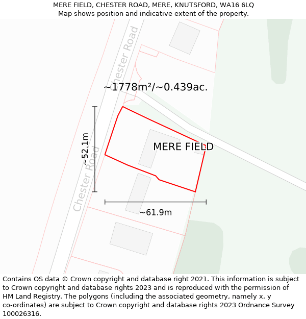 MERE FIELD, CHESTER ROAD, MERE, KNUTSFORD, WA16 6LQ: Plot and title map