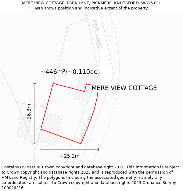 MERE VIEW COTTAGE, PARK LANE, PICKMERE, KNUTSFORD, WA16 0LH: Plot and title map