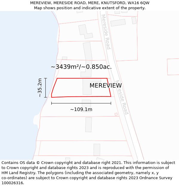 MEREVIEW, MERESIDE ROAD, MERE, KNUTSFORD, WA16 6QW: Plot and title map