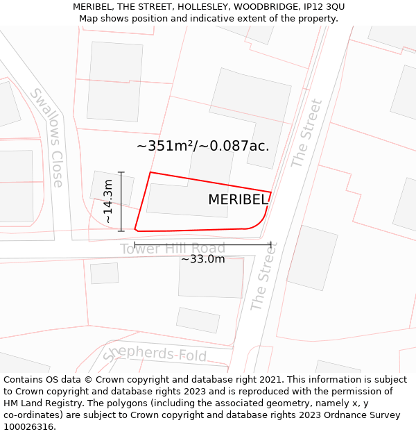 MERIBEL, THE STREET, HOLLESLEY, WOODBRIDGE, IP12 3QU: Plot and title map