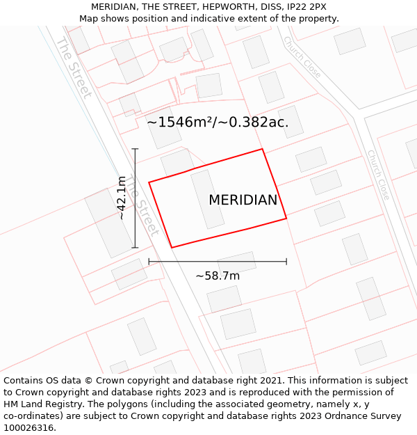 MERIDIAN, THE STREET, HEPWORTH, DISS, IP22 2PX: Plot and title map