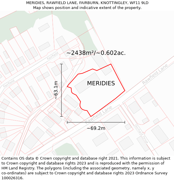 MERIDIES, RAWFIELD LANE, FAIRBURN, KNOTTINGLEY, WF11 9LD: Plot and title map