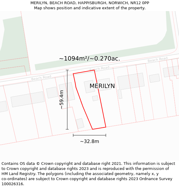 MERILYN, BEACH ROAD, HAPPISBURGH, NORWICH, NR12 0PP: Plot and title map