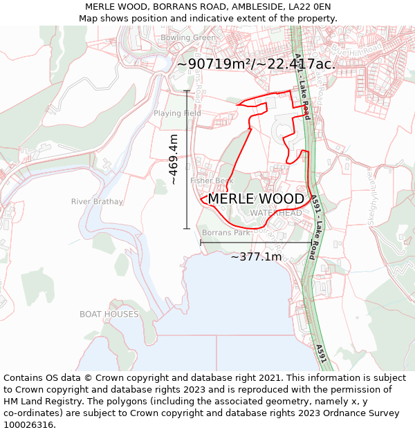 MERLE WOOD, BORRANS ROAD, AMBLESIDE, LA22 0EN: Plot and title map