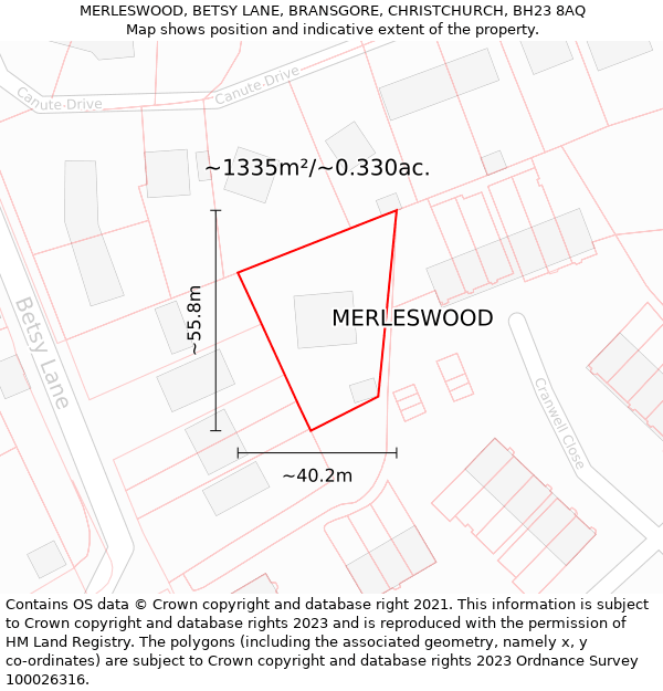 MERLESWOOD, BETSY LANE, BRANSGORE, CHRISTCHURCH, BH23 8AQ: Plot and title map
