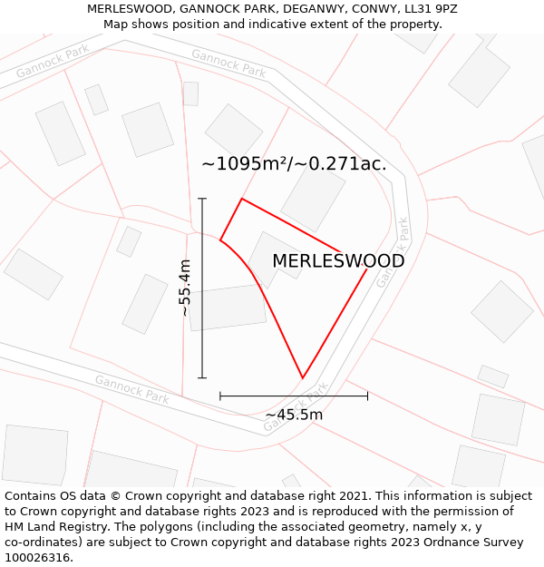 MERLESWOOD, GANNOCK PARK, DEGANWY, CONWY, LL31 9PZ: Plot and title map