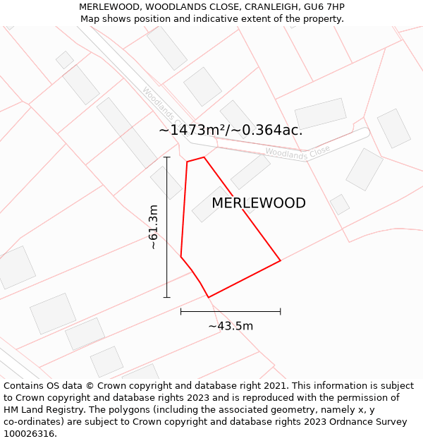 MERLEWOOD, WOODLANDS CLOSE, CRANLEIGH, GU6 7HP: Plot and title map