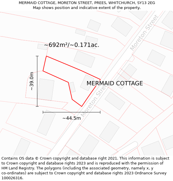 MERMAID COTTAGE, MORETON STREET, PREES, WHITCHURCH, SY13 2EG: Plot and title map