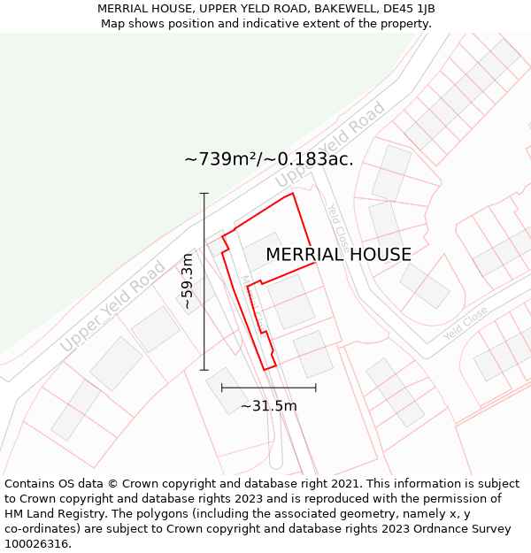 MERRIAL HOUSE, UPPER YELD ROAD, BAKEWELL, DE45 1JB: Plot and title map