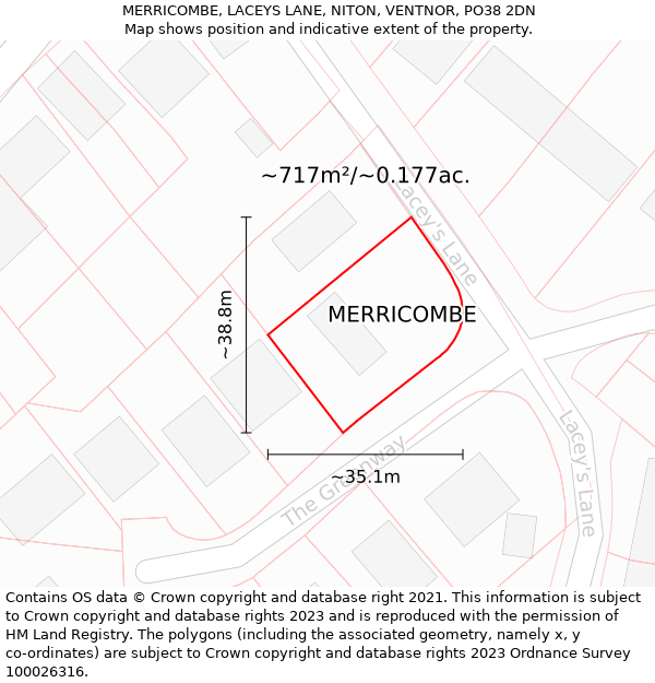 MERRICOMBE, LACEYS LANE, NITON, VENTNOR, PO38 2DN: Plot and title map