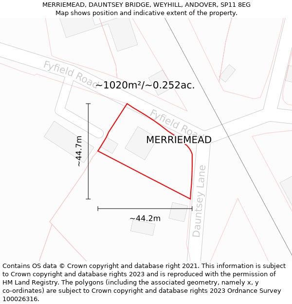 MERRIEMEAD, DAUNTSEY BRIDGE, WEYHILL, ANDOVER, SP11 8EG: Plot and title map