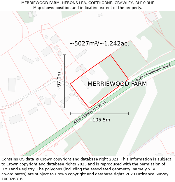 MERRIEWOOD FARM, HERONS LEA, COPTHORNE, CRAWLEY, RH10 3HE: Plot and title map