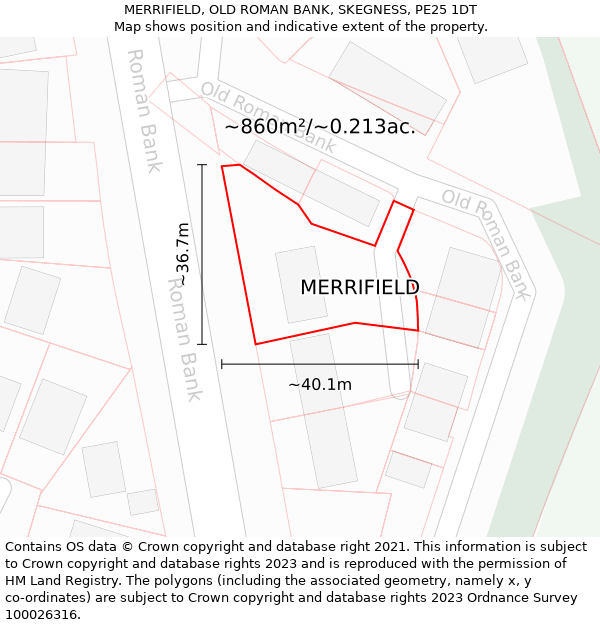 MERRIFIELD, OLD ROMAN BANK, SKEGNESS, PE25 1DT: Plot and title map