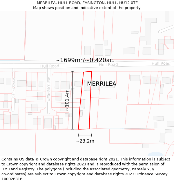 MERRILEA, HULL ROAD, EASINGTON, HULL, HU12 0TE: Plot and title map