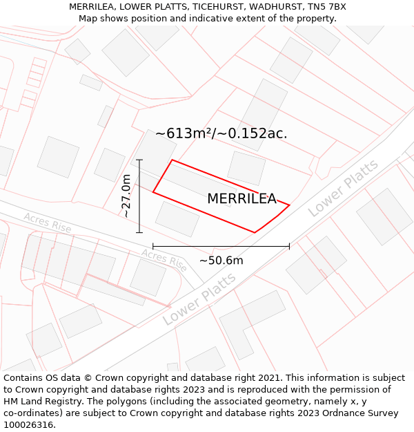 MERRILEA, LOWER PLATTS, TICEHURST, WADHURST, TN5 7BX: Plot and title map