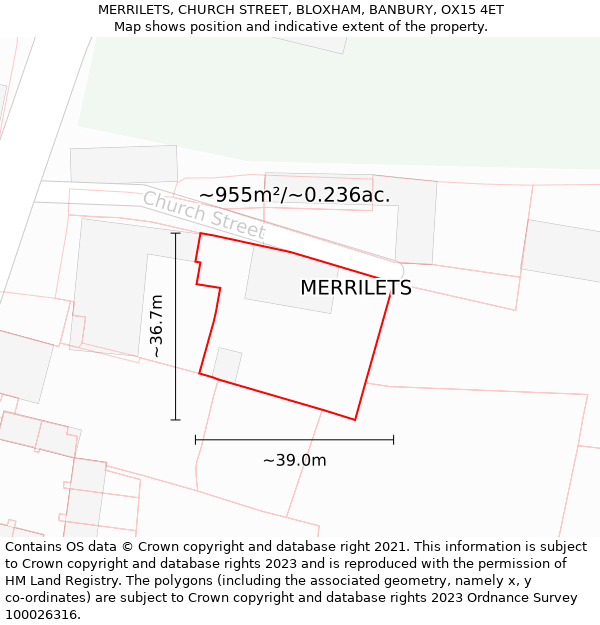 MERRILETS, CHURCH STREET, BLOXHAM, BANBURY, OX15 4ET: Plot and title map