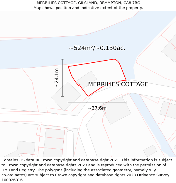 MERRILIES COTTAGE, GILSLAND, BRAMPTON, CA8 7BG: Plot and title map