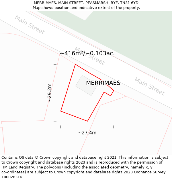 MERRIMAES, MAIN STREET, PEASMARSH, RYE, TN31 6YD: Plot and title map