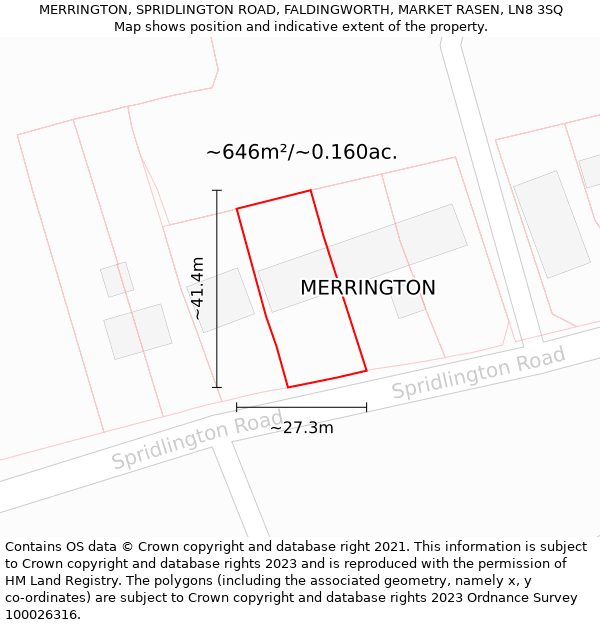 MERRINGTON, SPRIDLINGTON ROAD, FALDINGWORTH, MARKET RASEN, LN8 3SQ: Plot and title map