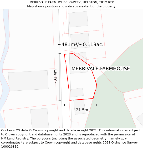 MERRIVALE FARMHOUSE, GWEEK, HELSTON, TR12 6TX: Plot and title map