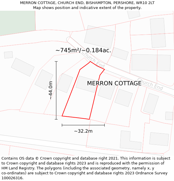 MERRON COTTAGE, CHURCH END, BISHAMPTON, PERSHORE, WR10 2LT: Plot and title map