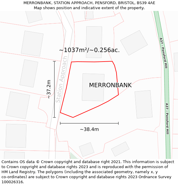 MERRONBANK, STATION APPROACH, PENSFORD, BRISTOL, BS39 4AE: Plot and title map