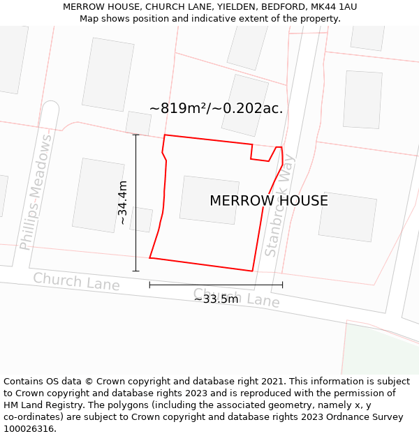 MERROW HOUSE, CHURCH LANE, YIELDEN, BEDFORD, MK44 1AU: Plot and title map