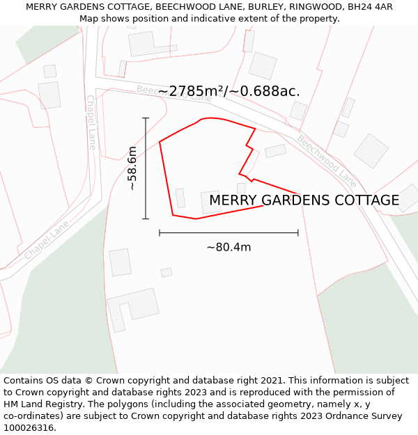 MERRY GARDENS COTTAGE, BEECHWOOD LANE, BURLEY, RINGWOOD, BH24 4AR: Plot and title map