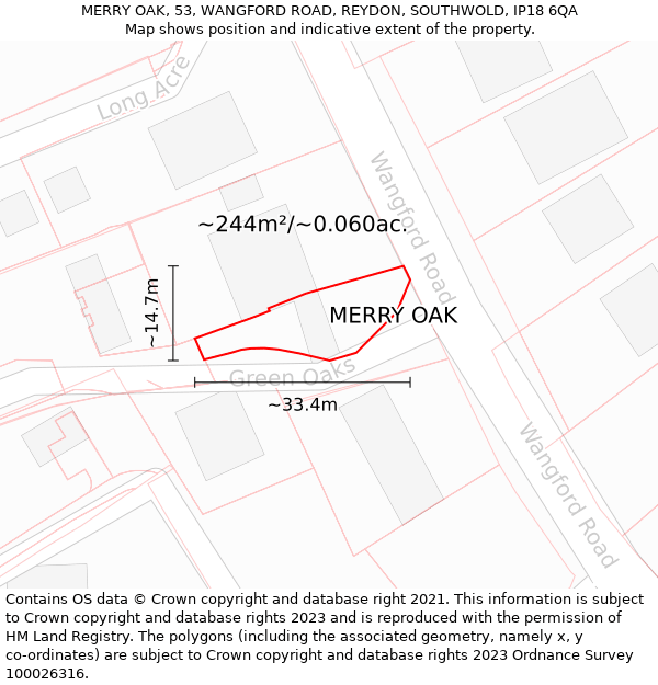 MERRY OAK, 53, WANGFORD ROAD, REYDON, SOUTHWOLD, IP18 6QA: Plot and title map