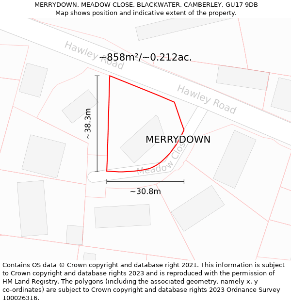 MERRYDOWN, MEADOW CLOSE, BLACKWATER, CAMBERLEY, GU17 9DB: Plot and title map